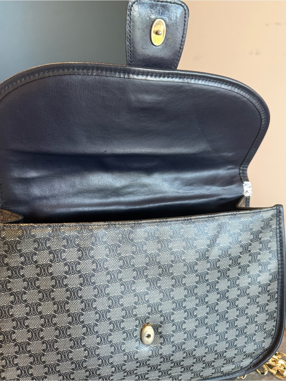 Celine Navy Blue Monogram leather and PVC Bag with Gold Chain - Picture 8 of 13